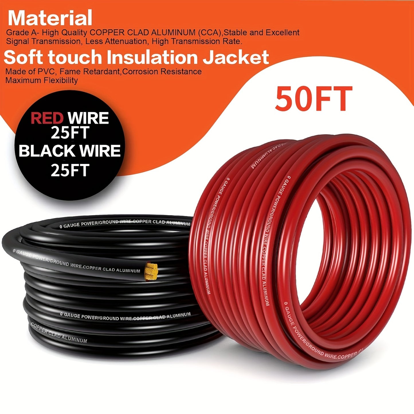 1/0 Gauge Wires (20 Feet Each - Red/black), (25 Feet Each - Red/black) Copper-clad Aluminum CCA - Primary Automotive Wires, Automotive Amplifier Power And Ground Cables, Car Audio Speaker Battery Cables, Solar, Automotive, RV