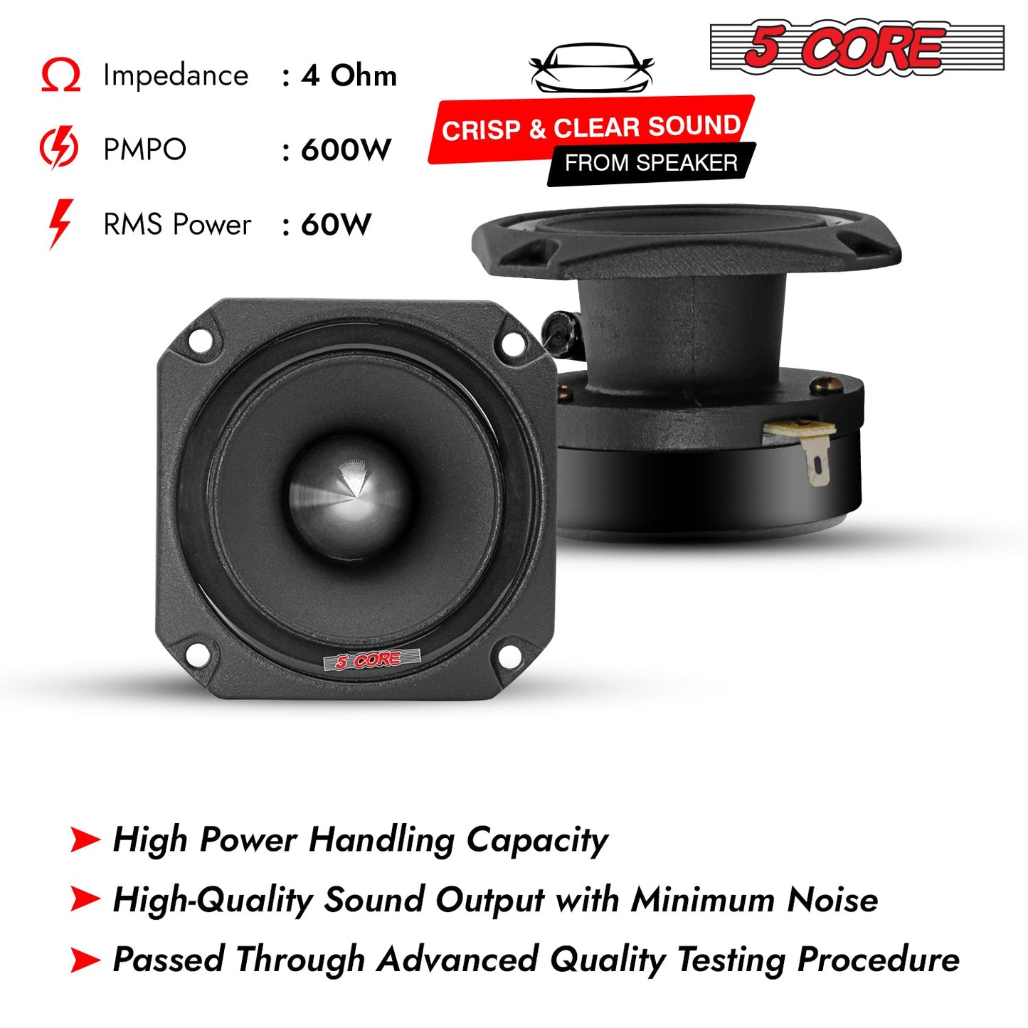 5 CORE Tweeters Speakers Car Audio Pair 600W Combined Peak 4 Ohm 3.5 Inch Aluminum Super Bullet Tuiters para Sonido para Carro - TW BLT 150 BLK Pair