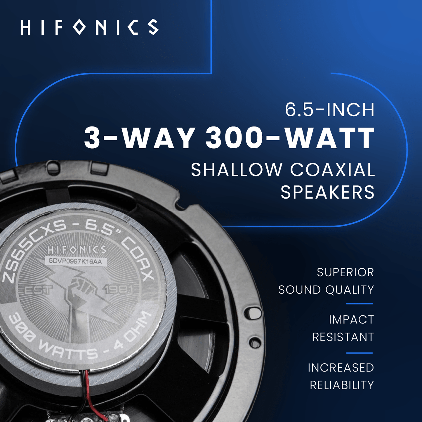 Hifonics Zeus 6.5 inch Shallow Mount Speakers, 3-Way 300-Watt Coaxial Car Audio Speakers, 2 Pair