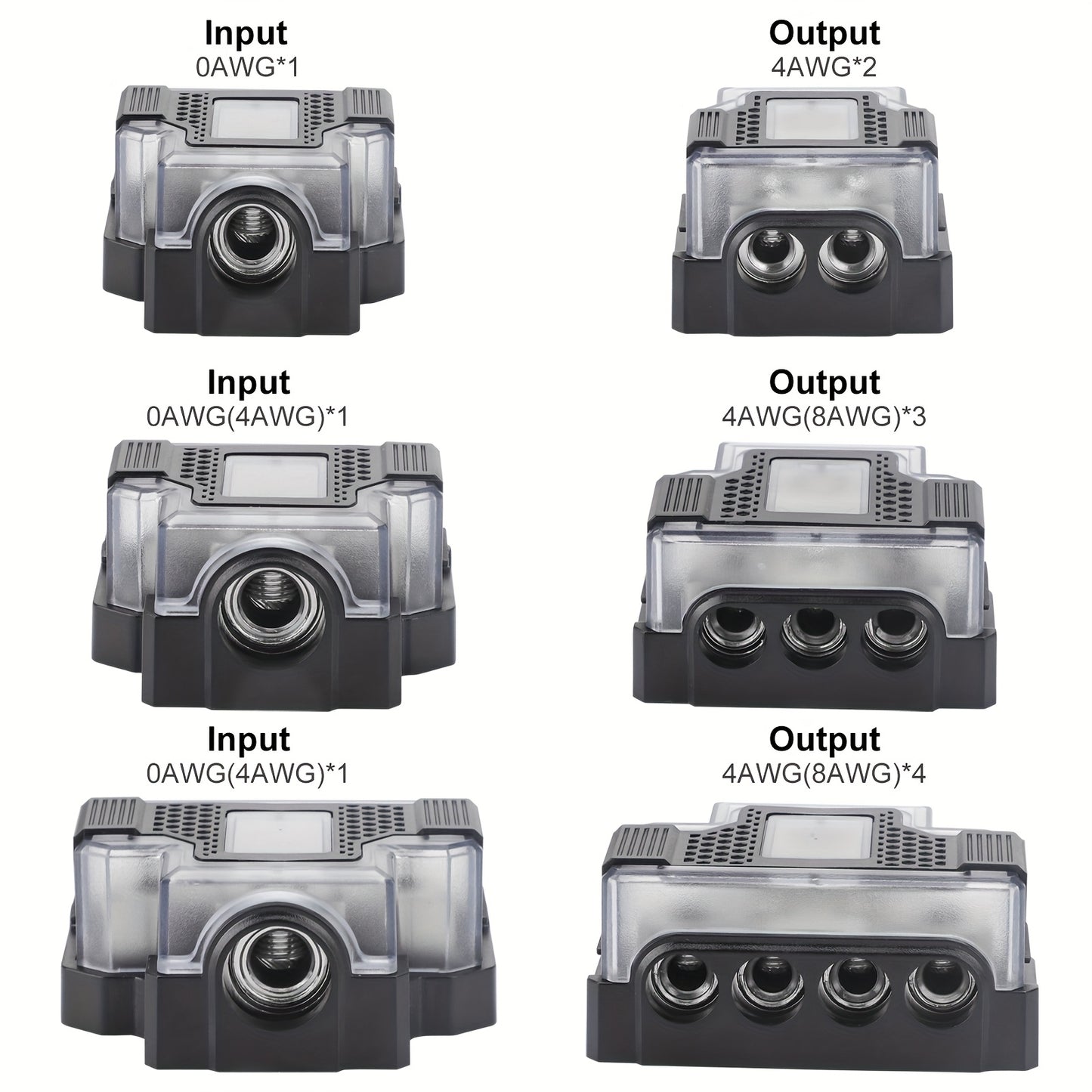 Universal Power Distribution Block, 2/3/4 Way Amplifier Connector, For Car & Marine Audio Enthusiasts, Multiple Gauge Outputs 0/2/4 AWG and 4/8/10 AWG, for Upgrading Car Stereo Systems & Car Audio, Without Battery