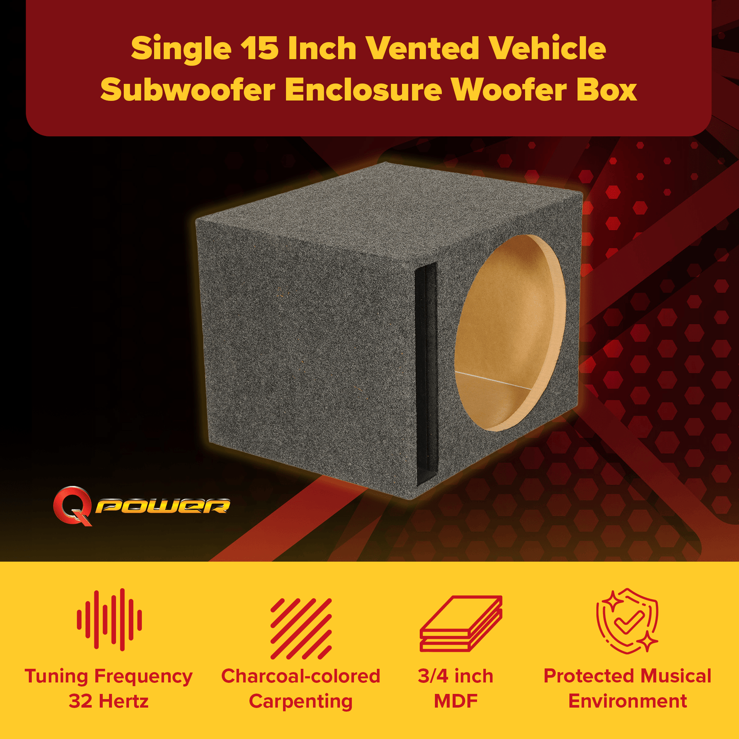 QPower 15 Inch Heavy-Duty Single Vented Carpet Covered Durable Car Audio Vehicle Subwoofer Enclosure Woofer Box, Charcoal Gray