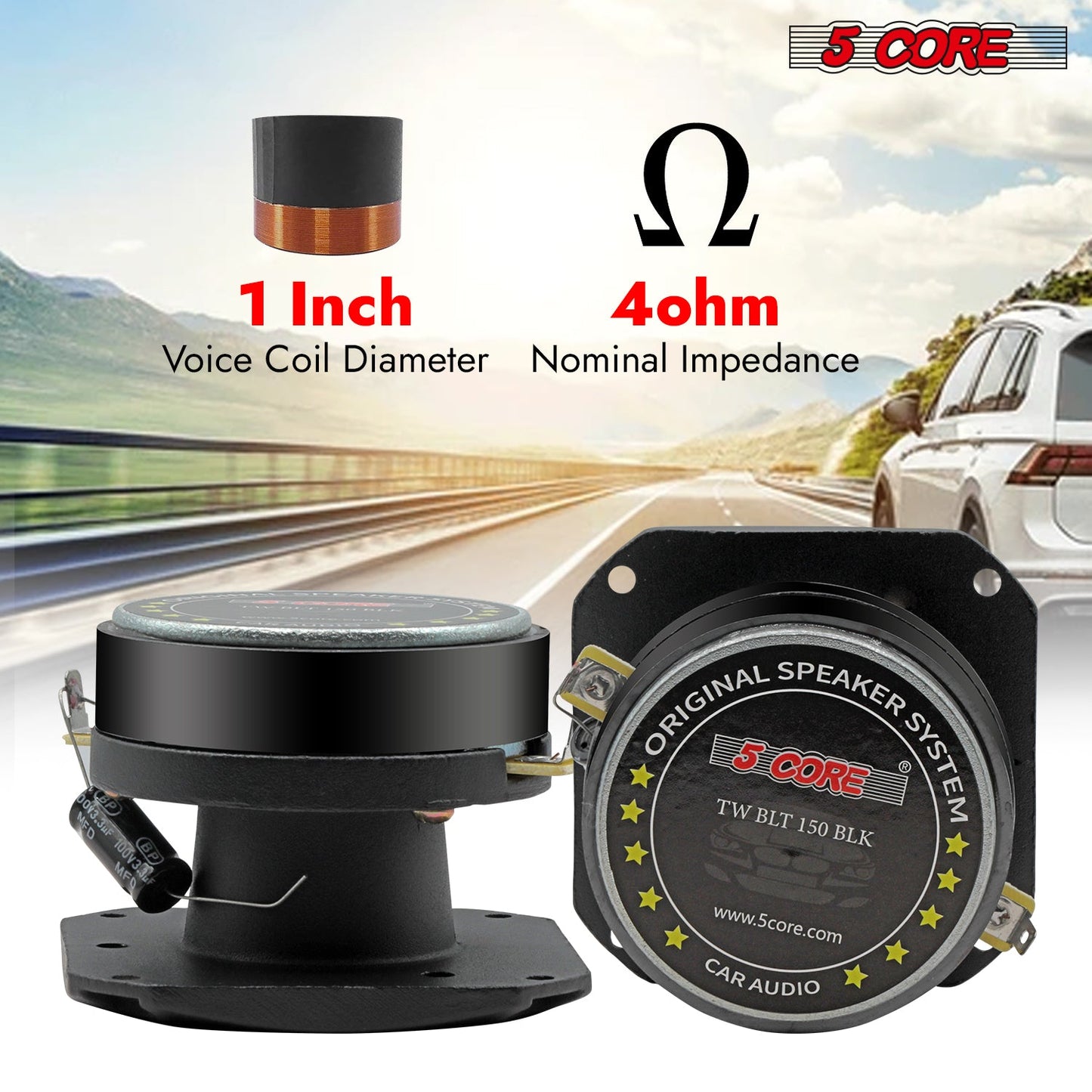 5 CORE Tweeters Speakers Car Audio Pair 600W Combined Peak 4 Ohm 3.5 Inch Aluminum Super Bullet Tuiters para Sonido para Carro - TW BLT 150 BLK Pair
