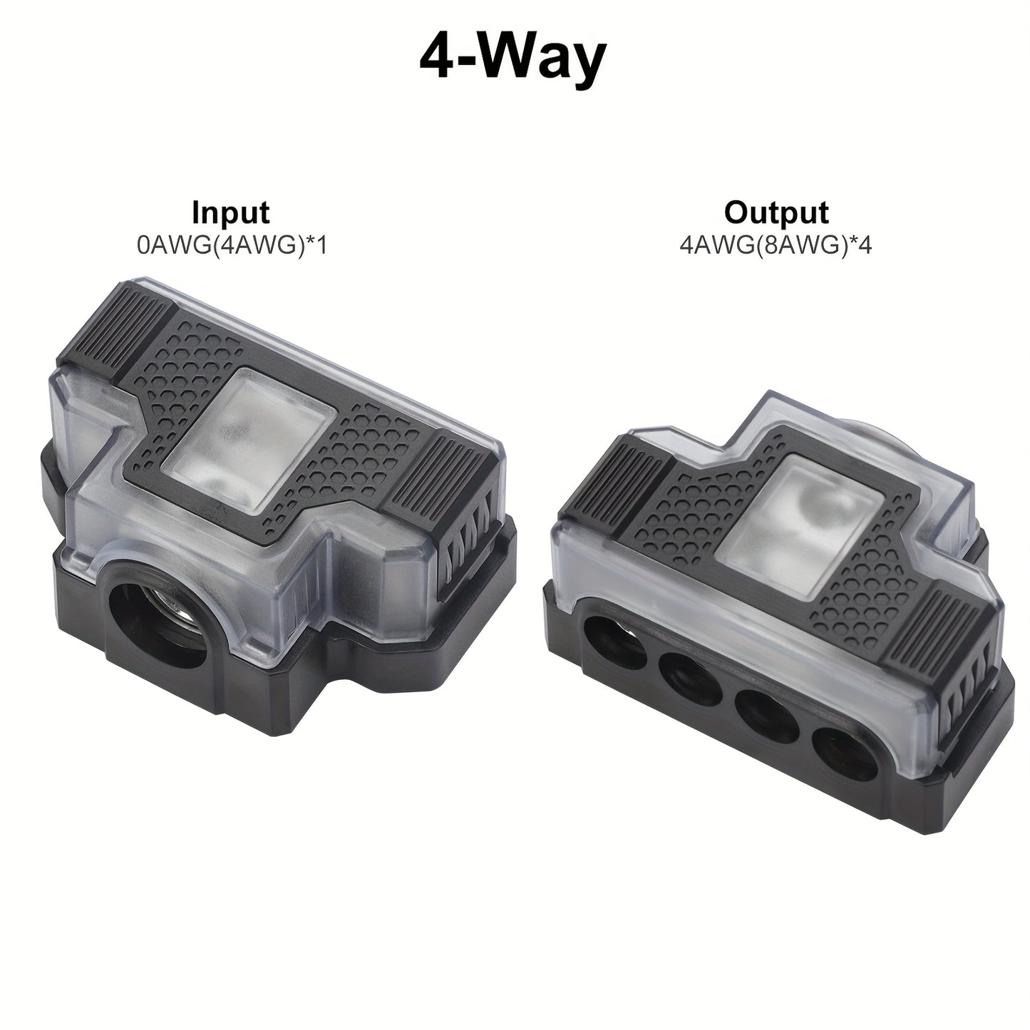 Universal Power Distribution Block, 2/3/4 Way Amplifier Connector, For Car & Marine Audio Enthusiasts, Multiple Gauge Outputs 0/2/4 AWG and 4/8/10 AWG, for Upgrading Car Stereo Systems & Car Audio, Without Battery