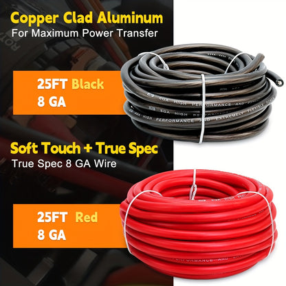 8 Gauge Wire 50ft CCA Wire, (25ft Black+25ft Red) Automotive Wire Car Audio Battery Cable, Power/Ground Wire, Marine, Welding Cable, Electrical Wire Audio Wiring For Speaker Amp
