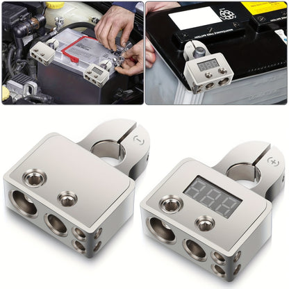 2pcs Digital Car Battery Terminal Connectors, DC 12-24V 0/2/4/8/10 Gauge Positive Negative, for Car Audio, Marine, Truck
