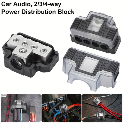 Universal Power Distribution Block, 2/3/4 Way Amplifier Connector, For Car & Marine Audio Enthusiasts, Multiple Gauge Outputs 0/2/4 AWG and 4/8/10 AWG, for Upgrading Car Stereo Systems & Car Audio, Without Battery