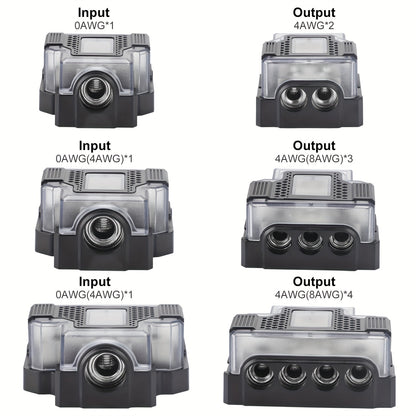 Universal Power Distribution Block, 2/3/4 Way Amplifier Connector, For Car & Marine Audio Enthusiasts, Multiple Gauge Outputs 0/2/4 AWG and 4/8/10 AWG, for Upgrading Car Stereo Systems & Car Audio, Without Battery