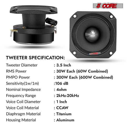 5 CORE Tweeters Speakers Car Audio Pair 600W Combined Peak 4 Ohm 3.5 Inch Aluminum Super Bullet Tuiters para Sonido para Carro - TW BLT 150 BLK Pair