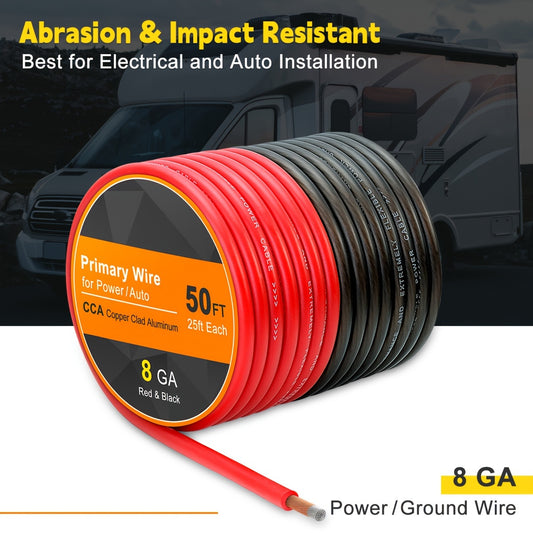 8 Gauge Wire 50ft CCA Wire, (25ft Black+25ft Red) Automotive Wire Car Audio Battery Cable, Power/Ground Wire, Marine, Welding Cable, Electrical Wire Audio Wiring For Speaker Amp