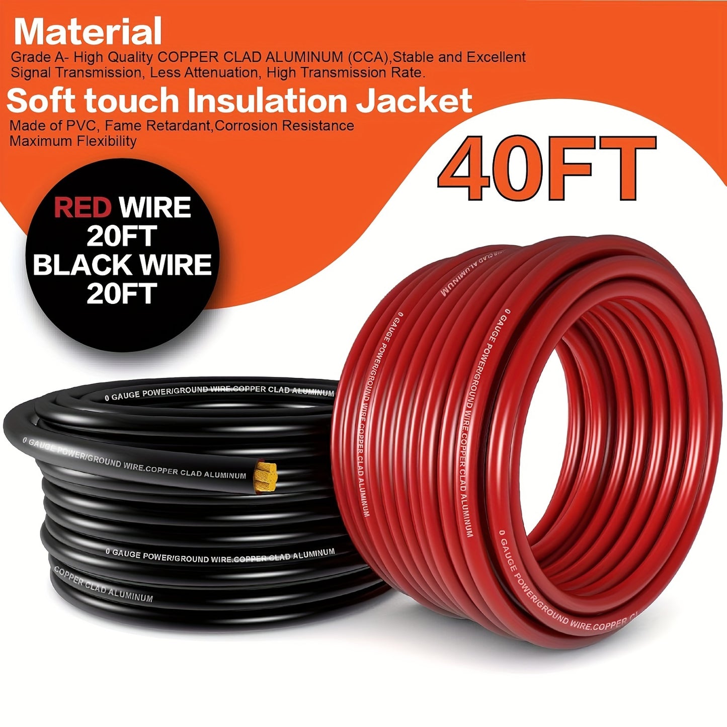 1/0 Gauge Wires (20 Feet Each - Red/black), (25 Feet Each - Red/black) Copper-clad Aluminum CCA - Primary Automotive Wires, Automotive Amplifier Power And Ground Cables, Car Audio Speaker Battery Cables, Solar, Automotive, RV