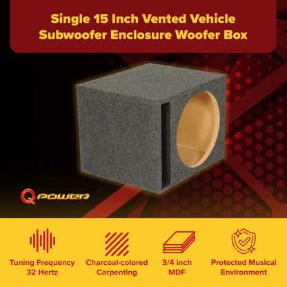 QPower 15 Inch Heavy-Duty Single Vented Carpet Covered Durable Car Audio Vehicle Subwoofer Enclosure Woofer Box, Charcoal Gray