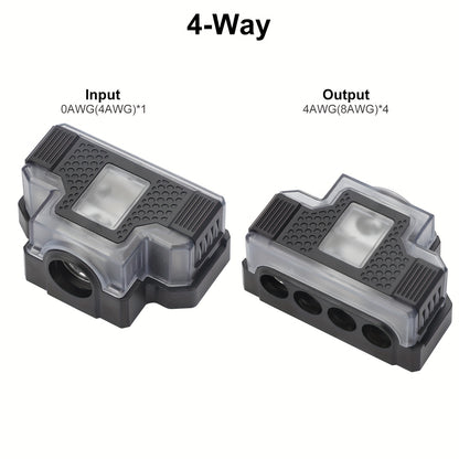 Universal Power Distribution Block, 2/3/4 Way Amplifier Connector, For Car & Marine Audio Enthusiasts, Multiple Gauge Outputs 0/2/4 AWG and 4/8/10 AWG, for Upgrading Car Stereo Systems & Car Audio, Without Battery